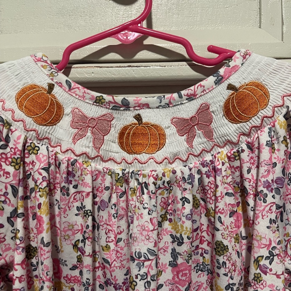 Floral Dress with Pumpkin and Bow Embroidery